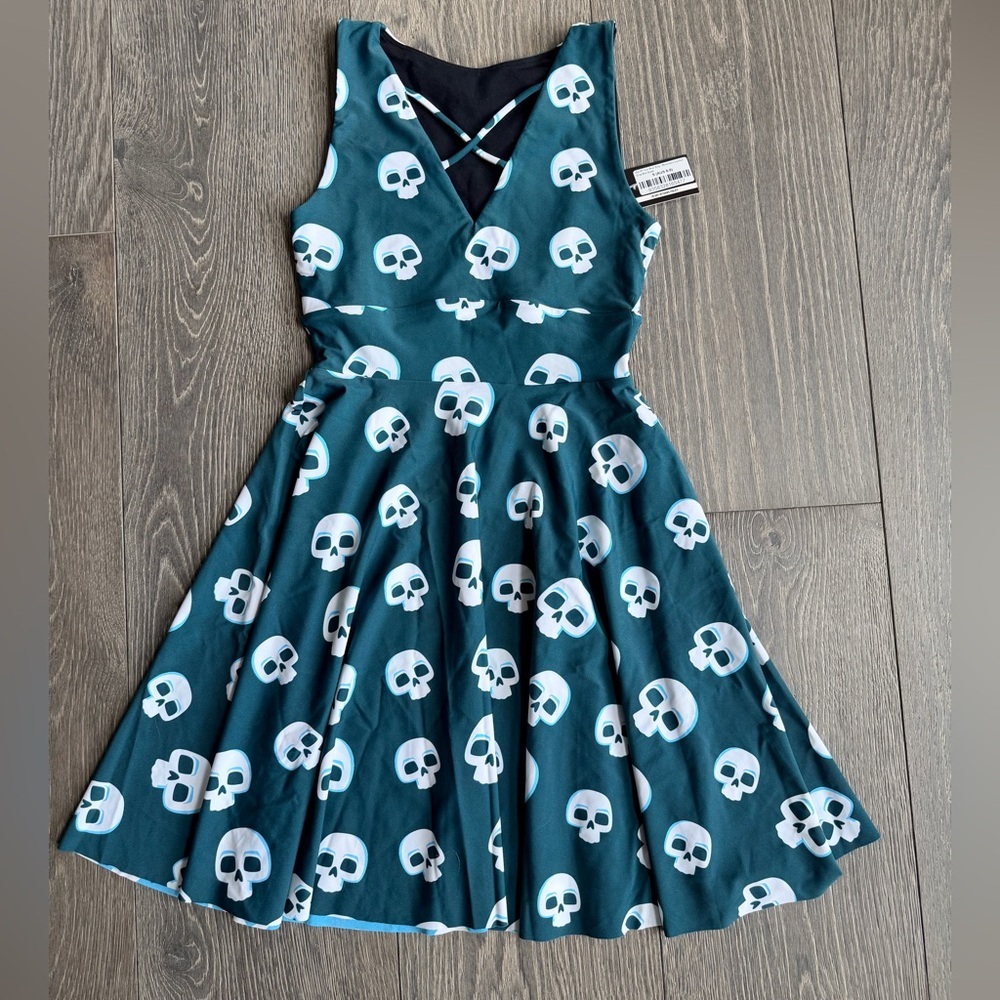 Teal Skull Print Fit-and-Flare Dress